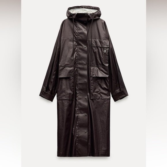 Zara Long Brown Burgundy Light Jacket High collar Drawstring Hood size XS-S NWT - Picture 6 of 16